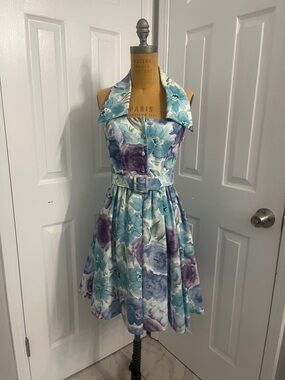 Laura Ashley Blue and Purple Floral Halter Fit-and-Flare Dress